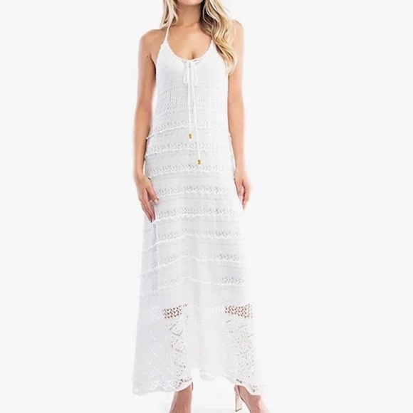 New SOLITAIRE White Crochet Knit Maxi Dress Lightweight Halter 100% Cotton NWT - Picture 1 of 7